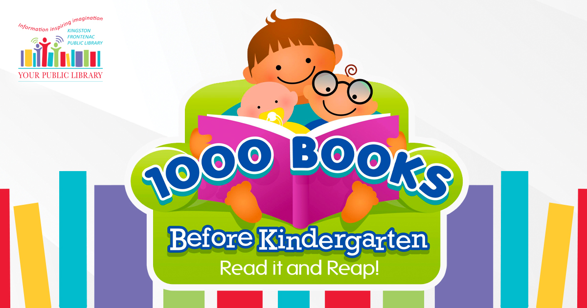 Image features the KFPL logo, and an adult sitting on a couch with two kids. The text reads: "1000 Books Before Kindergarten. Read it and Reap!"